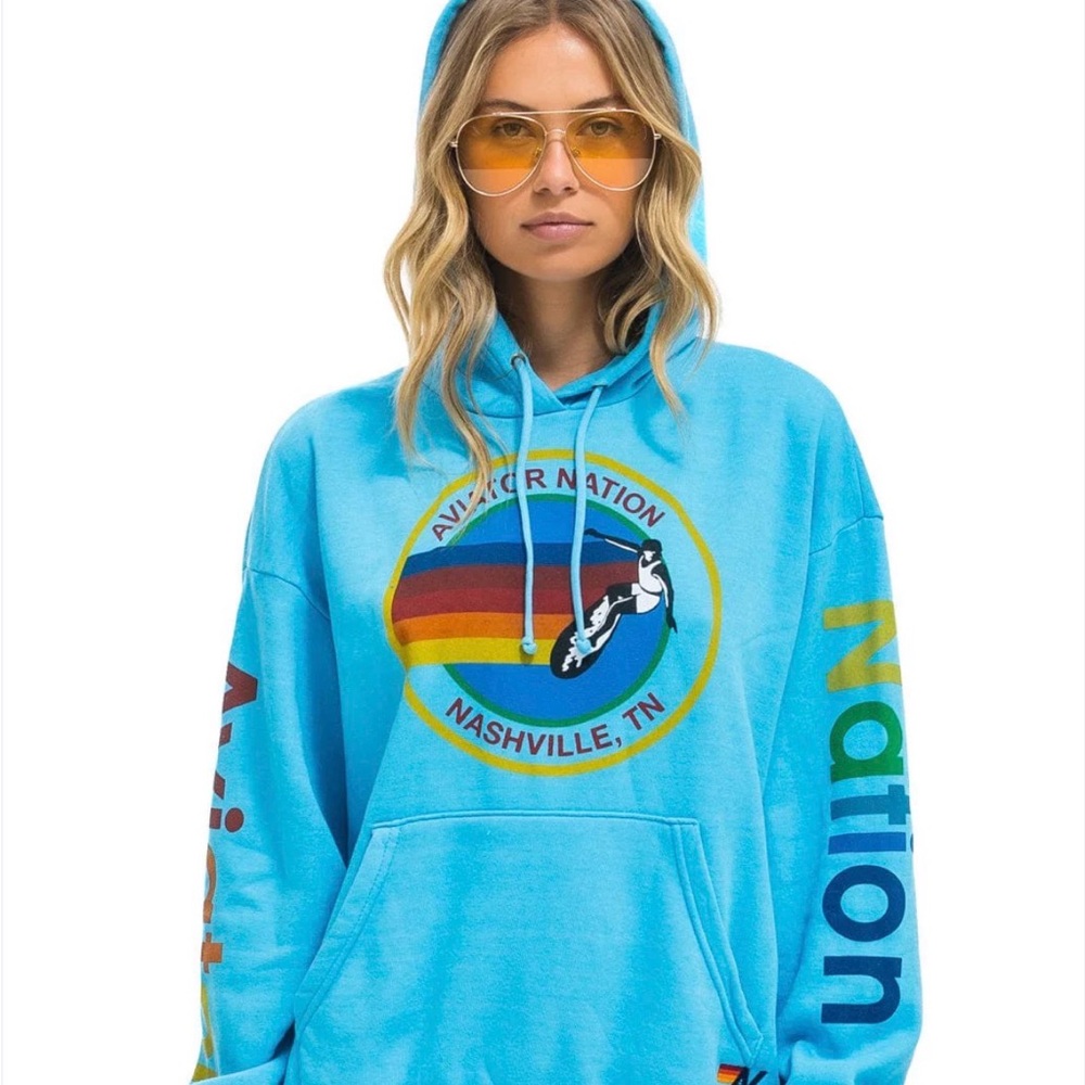 Aviator Nation Turquoise Pullover Hoodie with Rainbow Surf Graphic